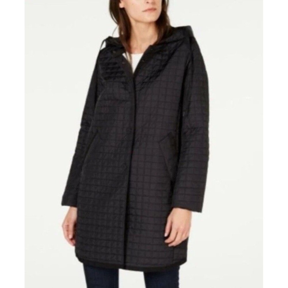 Weekend Max Mara Womens Black  Quilted Long Jacket Removable Hood $553 Size L